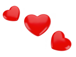 Three red hearts isolated on transparent background