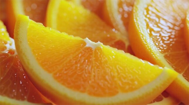 Fresh Orange Slices Macro Close-up Background. Juicy, vibrant citrus fruit wedges detail shot 4k video animation seamless loop