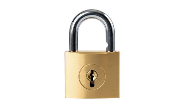 Isolated Brass Padlock with Shiny Silver Shackle isolated PNG with Transparent Background - Powered by Adobe