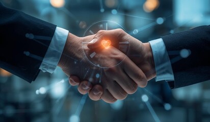 Partnership Handshake: Two individuals in formal attire seal a partnership with a firm handshake, symbolizing unity, trust, and mutual commitment within a futuristic setting.