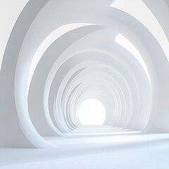 Obraz premium Minimal white vaulted corridor with repeating curved arches and skylights, a serene futuristic interior glowing toward a bright vanishing exit