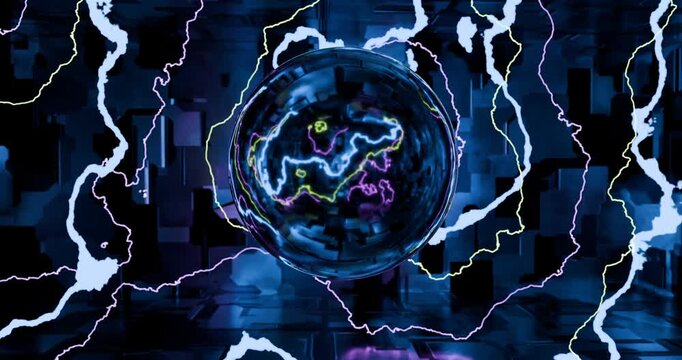Glowing Sphere with Electric Patterns on Dark Background looping animation