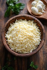 pile of grated cheese in a wooden bowl with fresh basil leaves and small mozzarella balls on a rustic wooden table, warm inviting and appetizing mood
