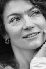 Fototapeta premium Happy and smile woman with curly hair. Black and white portrait. Smile and emotional