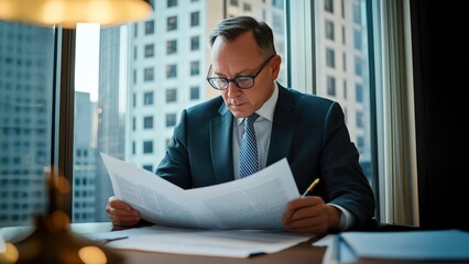Serious businessman in suit reading financial documents at office desk near window with city skyscrapers, corporate audit and accounting paperwork, focused manager analyzing report
