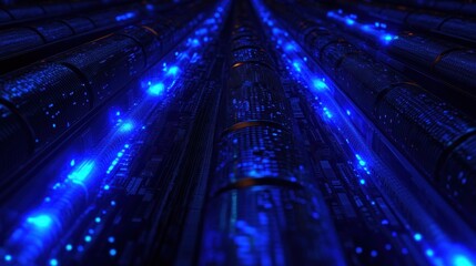 Glowing blue data conduits and cylindrical server pipes with intricate circuitry receding into the distance, evoking a futuristic, high-tech and mysterious atmosphere
