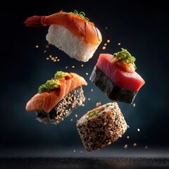 Fresh Japanese sushi pieces including tuna salmon shrimp nigiri and a sesame maki roll float on a dark backdrop