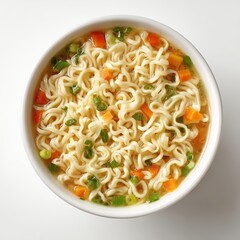 Cooked instant ramen noodles served in a white ceramic bowl featuring visible broth diced carrots and fresh green onions