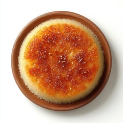 A round golden brown baked rice dish with a visibly crispy top layer and scattered sesame seeds served on a wooden plate