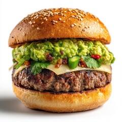 Beef burger with fresh guacamole melted cheese cilantro and green chili on a sesame bun isolated on white