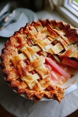 Golden brown rhubarb pie with a lattice crust in a white dish Partially eaten revealing pink fruit filling