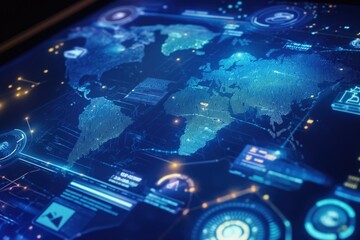 Futuristic digital world map interface displaying global data network connections and analytics dashboard for cybersecurity, fintech, cloud computing, big data monitoring, innovation concept