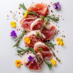 Raw meat cuts arranged with fresh rosemary vibrant edible flowers and scattered spices on a clean white backdrop