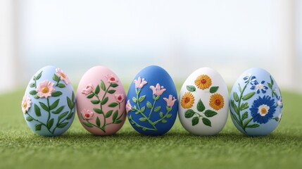 Fototapeta premium Hand-Painted Decorative Easter Eggs with Floral Patterns on Green Grass Background