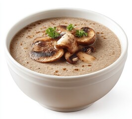 Creamy mushroom soup in a white ceramic bowl garnished with sliced saut ed mushrooms and green parsley