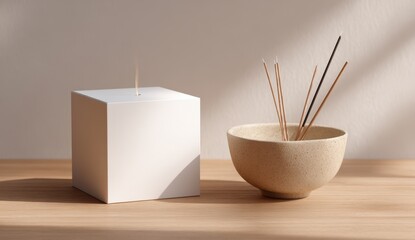 Vibrant photo of Minimalist white cube incense burner and ceramic bowl with incense sticks on wooden table
