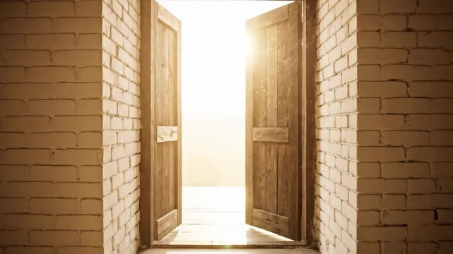 Open Doorway to Bright Light - This video shows an open, rustic wooden door, flanked by white brick walls. A bright, diffused light shines through the doorway suggesting a new beginning or escape.