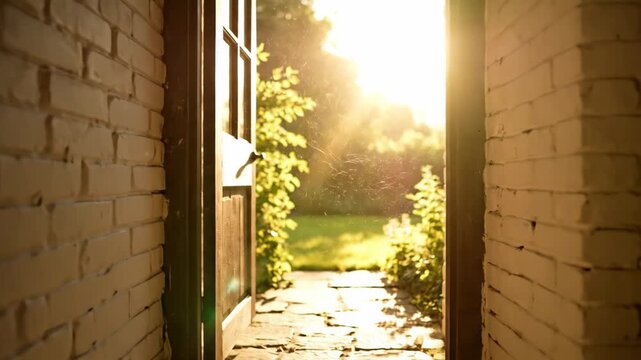 Open Doorway to a Bright Garden - A slightly ajar weathered wooden door opens onto a sunlit garden path, framed by painted brick walls. The bright sunshine creates a warm and inviting atmosphere.