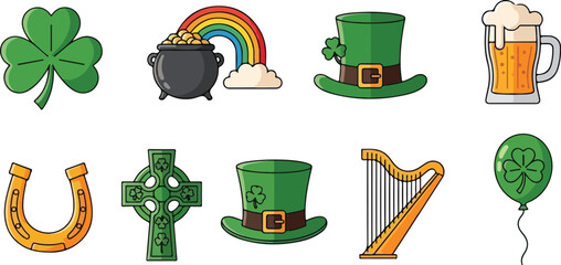 A collection of St. Patrick's Day icons featuring symbols of Irish culture and good fortune