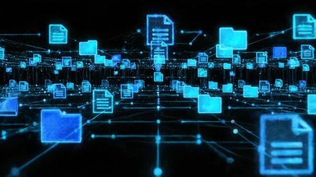 Digital files and documents interconnected through a network, showcasing technology and data exchange in a futuristic environment.