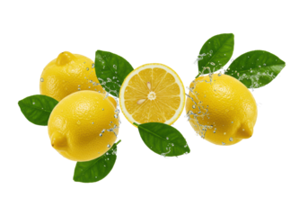Intensely detailed yellow lemons, whole and halved with juicy pulp, emerald leaves, suspended in dynamic water splashes against a transparent backdrop. Concept for citrus advertising