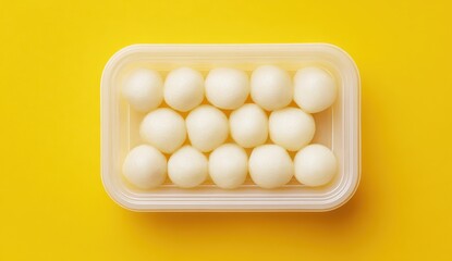Vibrant photo of Top view of white sweet balls in a plastic container on yellow background