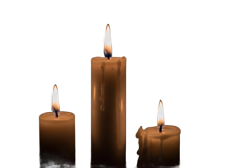 Three lit brown candles with dripping wax on reflective surface isolated on transparent background