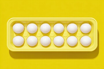 Vibrant photo of Ten White Eggs in Yellow Plastic Carton on Solid Yellow Background