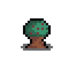 Obraz premium Pixel art tree with a brown trunk, green foliage and red fruits. ideal for platformer levels, retro 8-bit game backgrounds, nature scene design elements in a classic gaming style, game asset.