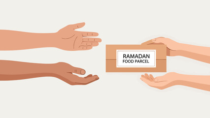 Generosity During Ramadan Handing Over a Food Parcel for Charity and Giving
