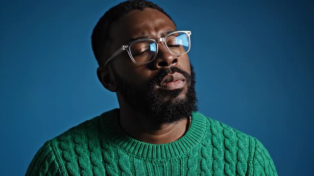Thoughtful Man Looking Upward - A black man with a beard and wearing clear-framed glasses is gazing upwards with a pensive expression against a blue background.