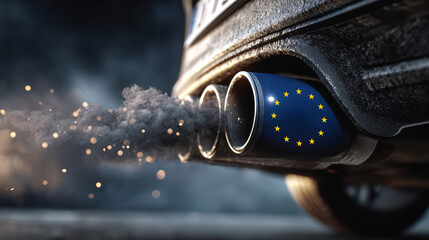 EU exhaust pipe emitting smoke symbolizing vehicle emissions policy.