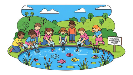 Obraz premium Children Feeding Fish in a Serene Pond Surrounded by Lush Greenery