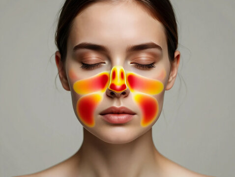 Nasal polyps Woman with inflamed sinus cavities highlighted in red and yellow face