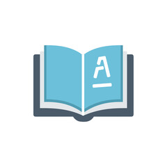 Open book with a stylized letter A on one page, symbolizing knowledge and learning in an educational context, representing literature and study