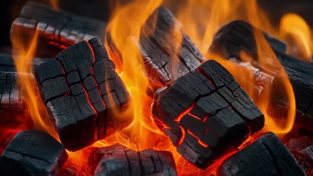 Burning Black Coal Embers with Bright Orange Flames in Dark