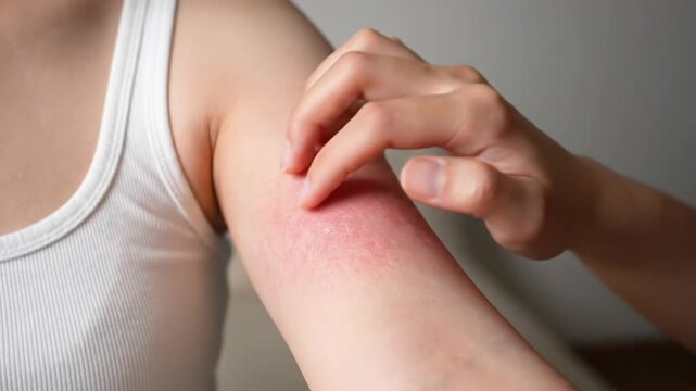 Close-up dynamic footage of woman scratching painful red rash on arm suggesting allergic reaction or chronic dermatitis