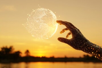 Human Hand Touching Glowing Digital Data Globe with Network Connections at Sunset