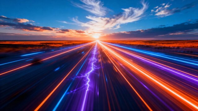 Long exposure of a highway at sunset with vibrant light trails and colorful streaks across the road - Powered by Adobe