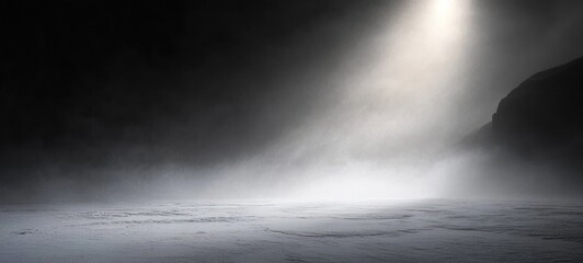 fog-shrouded barren plain with icy textured ground and a single dramatic beam of light illuminating a dark cliff, evoking eerie solitude and quiet