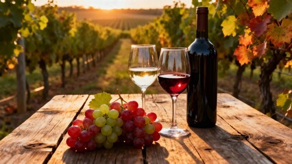 Wine glasses, bottle, and grapes on wooden table in vineyard at sunset