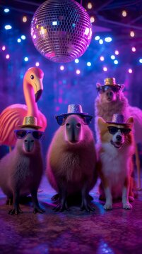 A fun group featuring a flamingo, capybaras, and a dog wearing sunglasses at a disco party. This entertaining vertical video for social media captures a vibrant, neon celebration.
