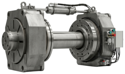 Heavy-duty steel industrial hydraulic coupling mechanism isolated on transparent background