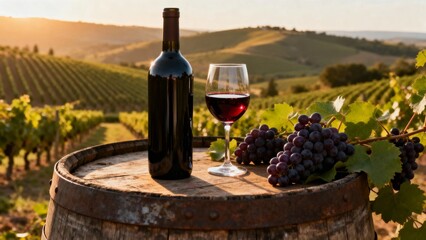 Bottle of red wine and glass on wooden barrel with grape cluster, set against vineyard landscape at sunset