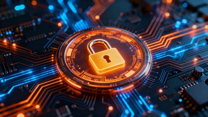 Digital circuit board with glowing padlock symbolizing cybersecurity and data protection