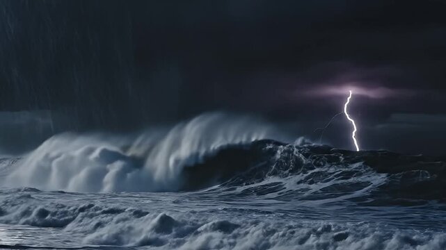 This dramatic video captures the raw power of nature during an intense storm over the vast ocean. Massive waves crash and churn, revealing foamy white crests against the dark, turbulent water. The omi