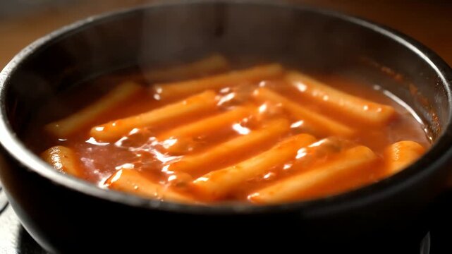 Spicy Tteokbokki in a Black Bowl - A Delicious Korean Street Food Experience.