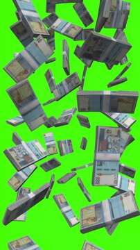Vertical Guatemalan Quetzal bills falling on chromakey, GTQ finance animation for vertical video