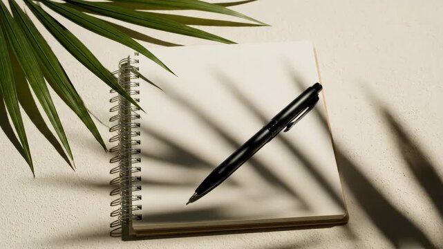 Blank Notebook with Pen and Tropical Leaf - A blank, spiral-bound notebook sits open on a textured surface, with a sleek black pen resting on its pages.