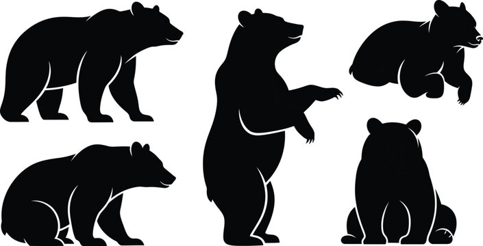 Five black bear silhouettes isolated on transparent background